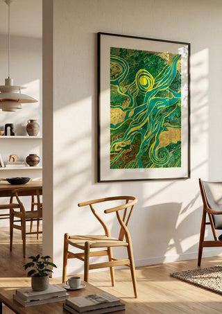 Golden Vines by Da Winters in a black frame in a bright dining room with wooden chairs
