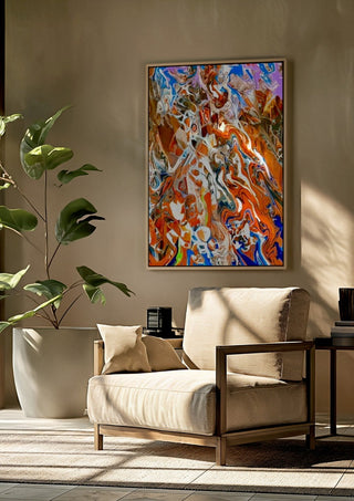 Ember Current by Da Winters framed above a beige armchair beside a potted plant