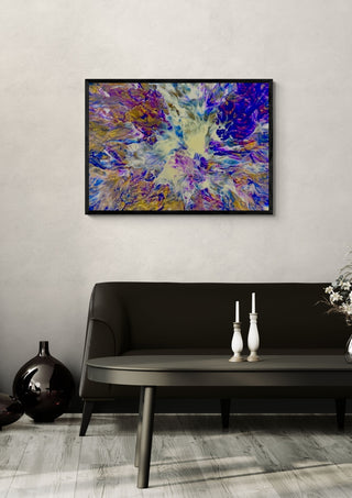 Violet Spark by Da Winters in a black frame above a dark sofa with candlesticks and a vase