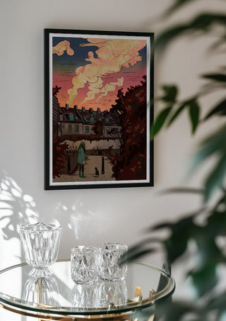 Evening walk by Nina Broen in a black frame above a glass table with crystal glassware