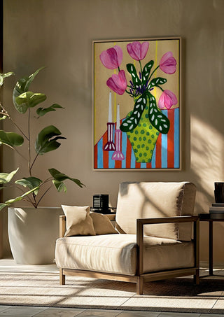 Flower Power by LGDyrby framed above a beige armchair beside a potted plant