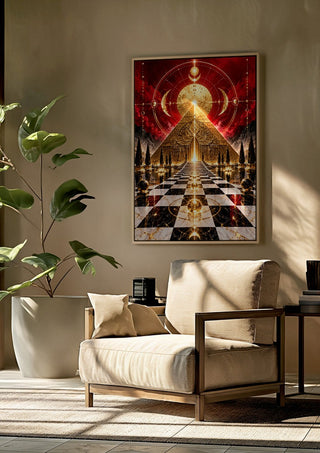 Golden temple by RA framed above a beige armchair beside a potted plant