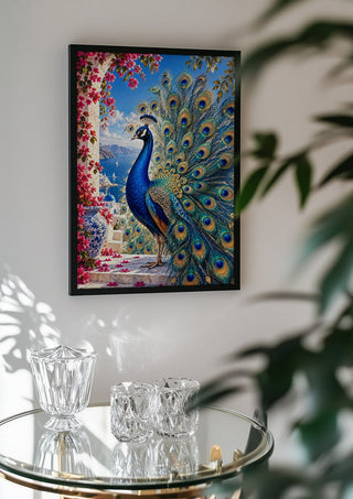 Azure Majesty by RA in a black frame above a glass table with crystal glassware