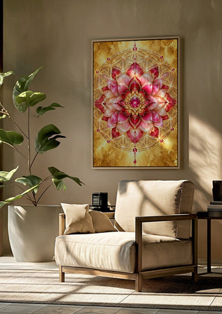 Flower of life by RA framed above a beige armchair beside a potted plant