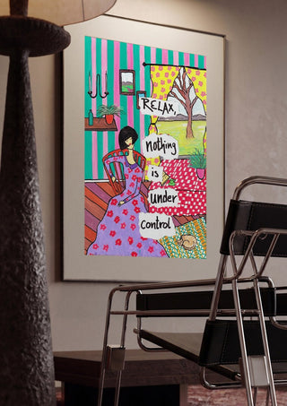 Nothing Is Under Control by Camilla Nilsson framed in a dim room beside a tubular steel chair