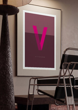 V as in Va-va-voom – Cerise by Quite Nice Prints framed in a dim room beside a tubular steel chair
