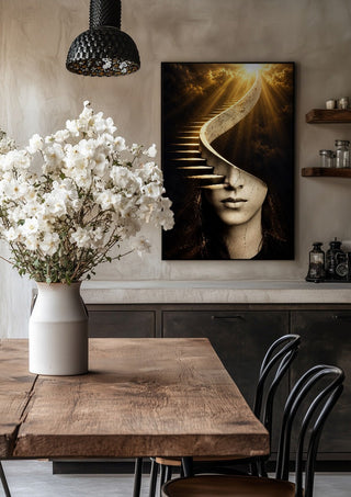 The Ascending Mind by RA in a black frame above a rustic table with white flowers