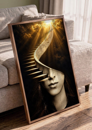 The Ascending Mind by RA in a walnut frame leaning against a grey sofa