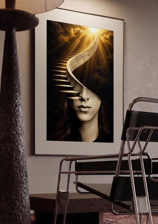 The Ascending Mind by RA framed in a dim room beside a tubular steel chair