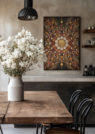 Dark mandala by RA in a black frame above a rustic table with white flowers