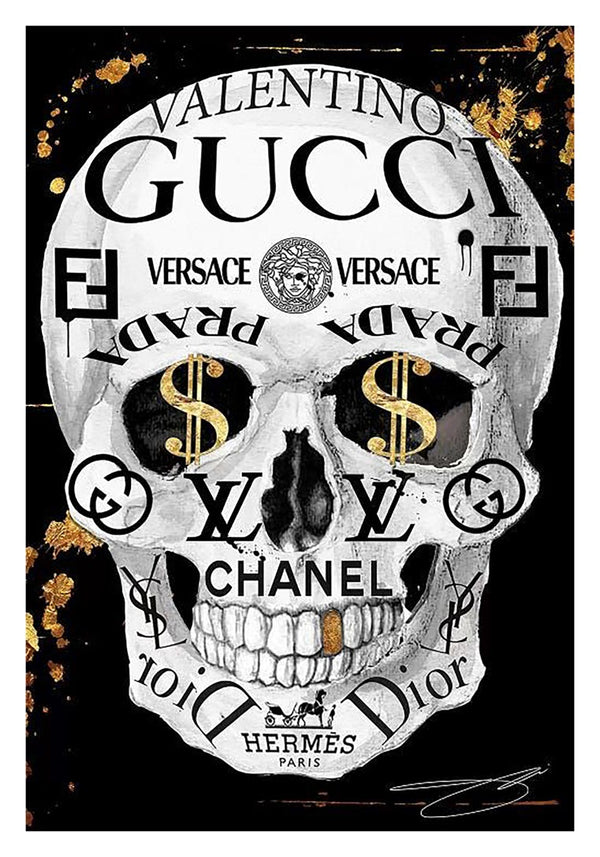 Artistic skull illustration featuring luxury fashion brand logos and gold accents, promoting Fashion Skull Plakat.
