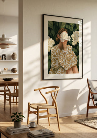 Behind the Peony by Martina Karlsson in a black frame in a bright dining room with wooden chairs