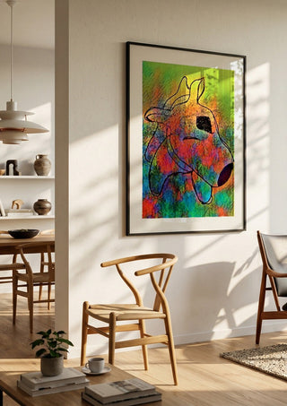 Color Pitbull by Nittaart in a black frame in a bright dining room with wooden chairs