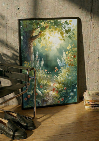 Secret garden by Ohkimiko in a black frame leaning against a concrete wall by a steel chair