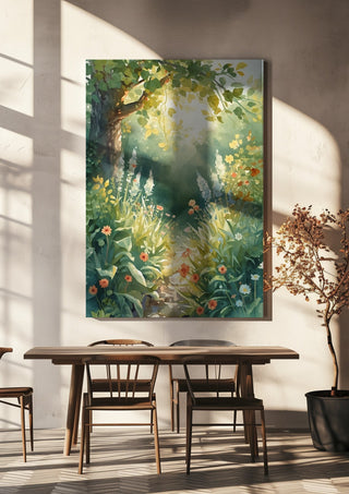 Secret garden by Ohkimiko hanging above a wooden dining table in warm sunlight