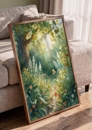 Secret garden by Ohkimiko in a walnut frame leaning against a grey sofa