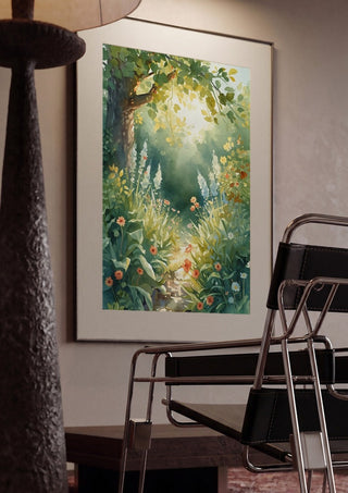 Secret garden by Ohkimiko framed in a dim room beside a tubular steel chair