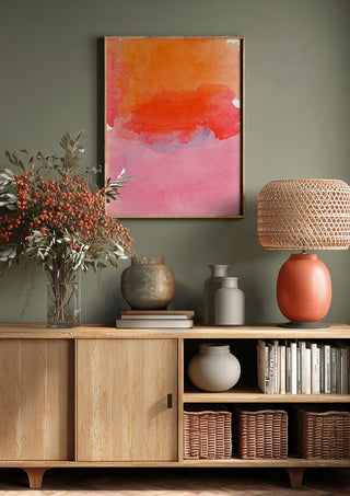 From sunset to sunrise by Ohkimiko above a wooden sideboard on a sage green wall
