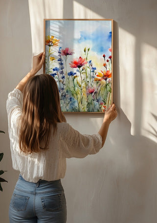 Wildflowers by Ohkimiko being hung on a sunlit wall