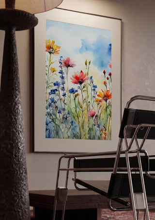 Wildflowers by Ohkimiko framed in a dim room beside a tubular steel chair