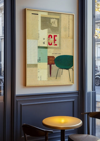 Neatly Wrapped by Kareem Rizk in an oak frame on a panelled cafe wall