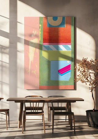 Bubble Gum by Kareem Rizk hanging above a wooden dining table in warm sunlight