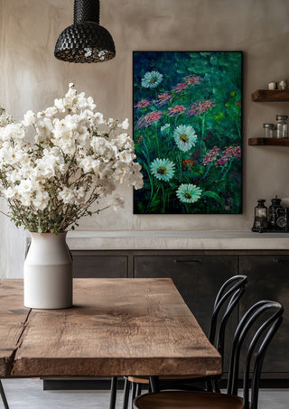 White Daisies and Yarrow by Svetla Stoyanova Bassi in a black frame above a rustic table with white flowers