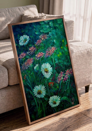 White Daisies and Yarrow by Svetla Stoyanova Bassi in a walnut frame leaning against a grey sofa