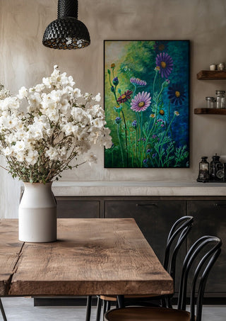 Daisies at Dusk by Svetla Stoyanova Bassi in a black frame above a rustic table with white flowers