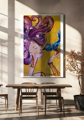 Vogelfrei by Trude hanging above a wooden dining table in warm sunlight