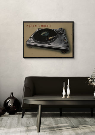 Poetry in Motion by Carl Smith ART in a black frame above a dark sofa with candlesticks on a round table