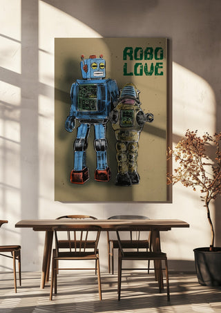 Robo Love by Carl Smith ART hanging above a wooden dining table in warm sunlight