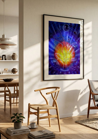 New beginnings and transformation by Walter Zettl in a black frame in a bright dining room with wooden chairs
