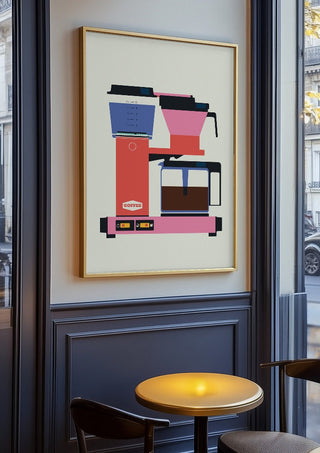Pastel coffee by Bo Lundberg in an oak frame on a panelled cafe wall