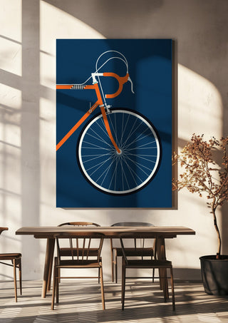 Swedish Racing Bike - Detail by Bo Lundberg hanging above a wooden dining table in warm sunlight