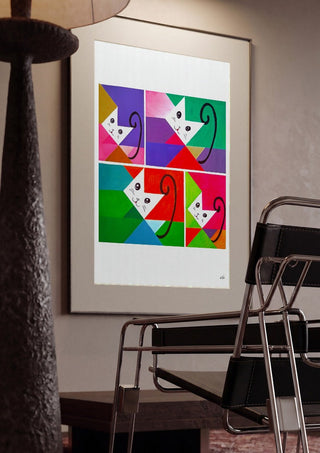 JUST FOUR CATS by NKo framed in a dim room beside a tubular steel chair