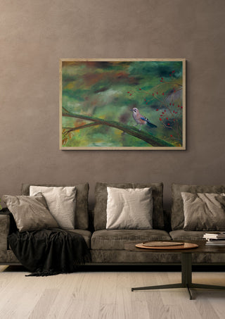 The Eurasian Jay by Juergen Duerrmann in a light oak frame above a grey sofa on a warm brown wall