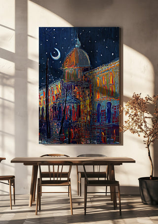 Crescent Moon over the City by Justyna Kopania hanging above a wooden dining table in warm sunlight