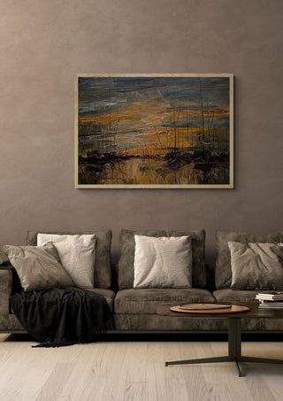 Harbour at Dusk by Justyna Kopania in a light oak frame above a grey sofa on a warm brown wall