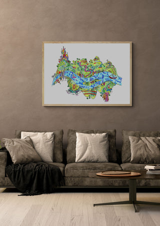 Siebengebirge by ullimcart in a light oak frame above a grey sofa on a warm brown wall