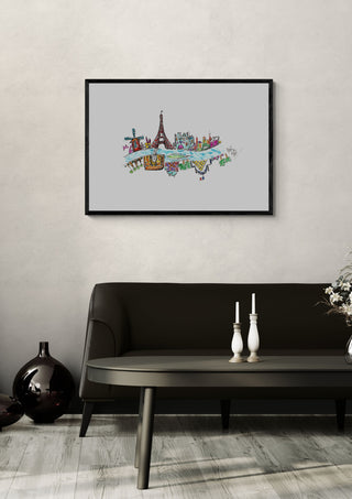 Paris by ullimcart in a black frame above a dark sofa with candlesticks on a round table