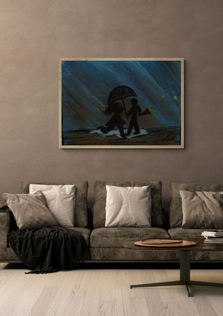 Per Elisa by PeKo in a light oak frame above a grey sofa on a warm brown wall