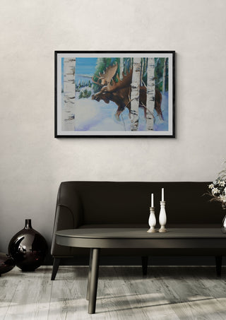 Moose by creatievananne in a black frame above a dark sofa with candlesticks on a round table
