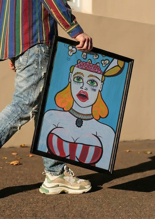 Popcornbrain by KaroGaiaArt carried in a black frame along a sunny street