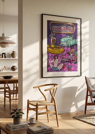Carwash by KaroGaiaArt in a black frame in a bright dining room with wooden chairs