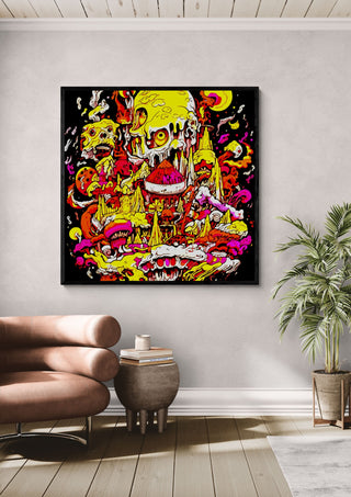 Melting City by BunteBeute in a black frame above a leather armchair beside a palm