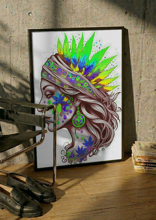 The Leaf Crown by BunteBeute in a black frame leaning against a concrete wall by a steel chair