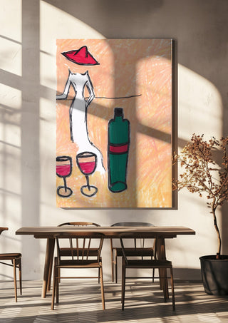 Lady in the Red Hat by Camilla Nilsson hanging above a wooden dining table in warm sunlight