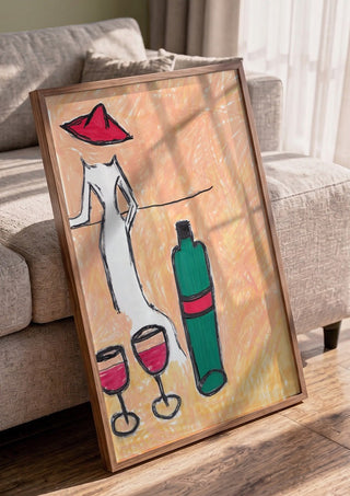 Lady in the Red Hat by Camilla Nilsson in a walnut frame leaning against a grey sofa