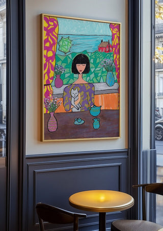 Tea by the Sea by Camilla Nilsson in an oak frame on a panelled cafe wall